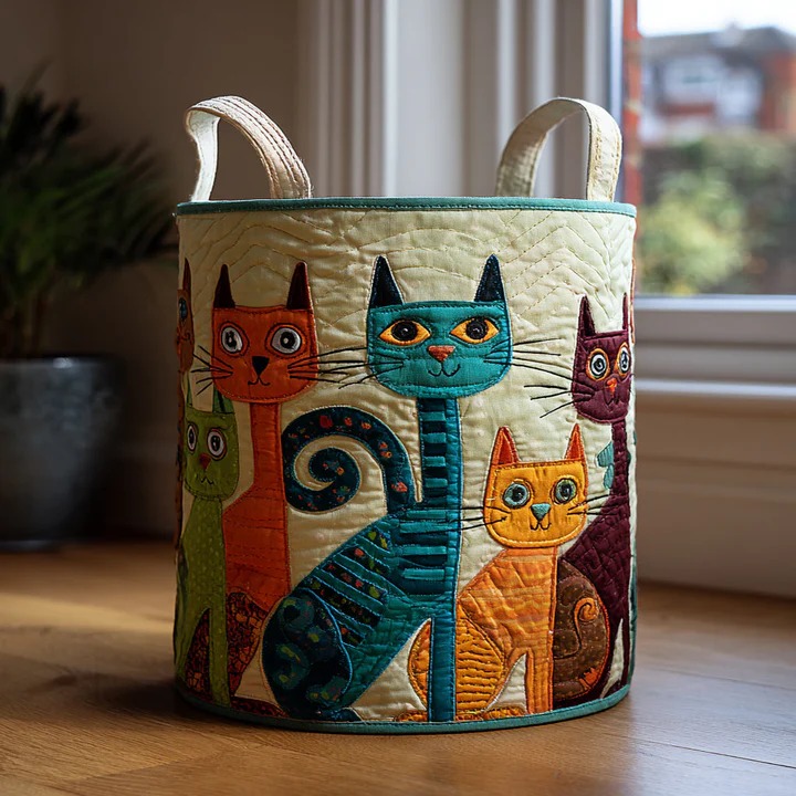 Cat Delight Quilted Laundry Basket Colorful Boho Cat Home Decor Best Gift For Cat Lovers