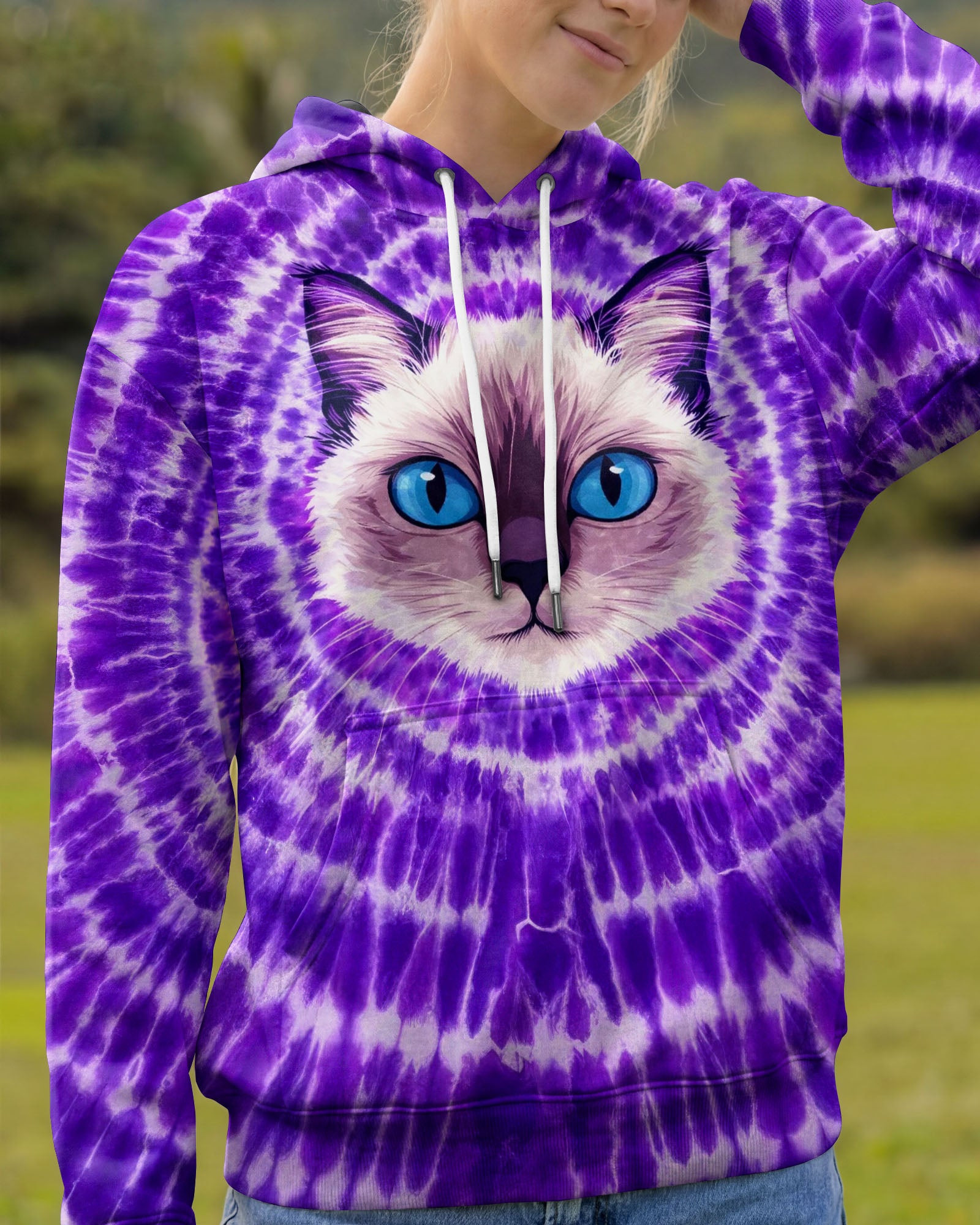 Cat Face Purple Swirl Tie Dye Hoodie Unique Colors Clothes Gifts For Bestie Cat Lovers