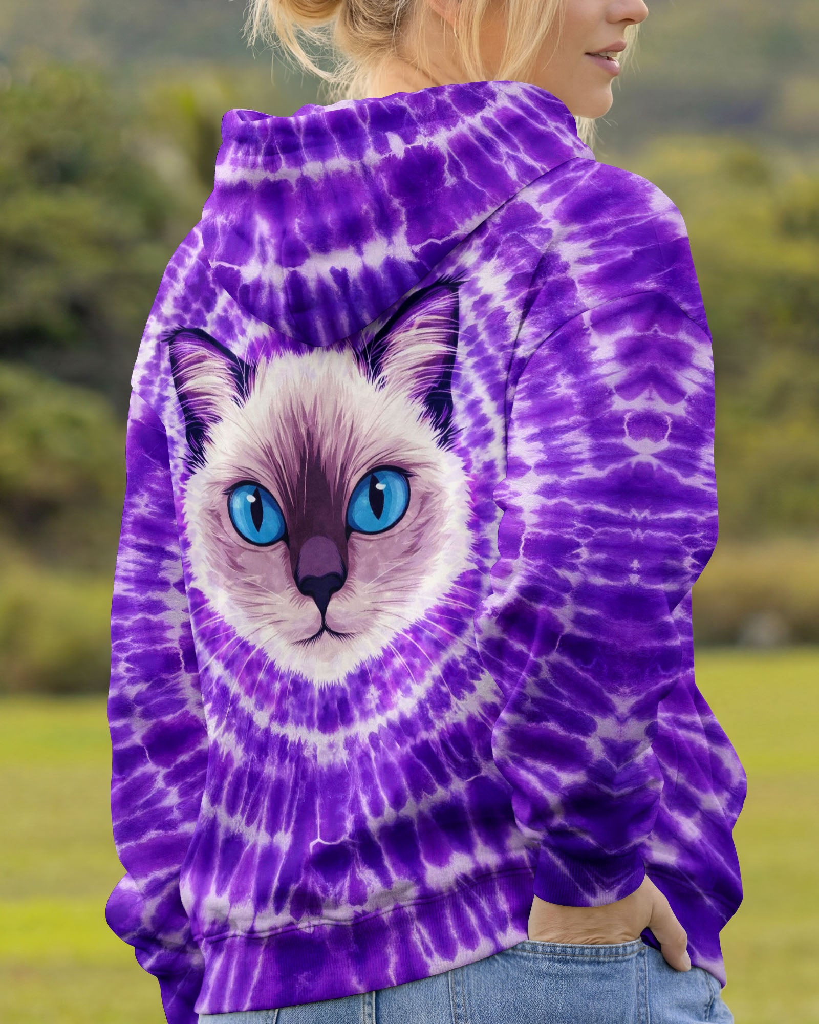 Cat Face Purple Swirl Tie Dye Hoodie Unique Colors Clothes Gifts For Bestie Cat Lovers - Image 2