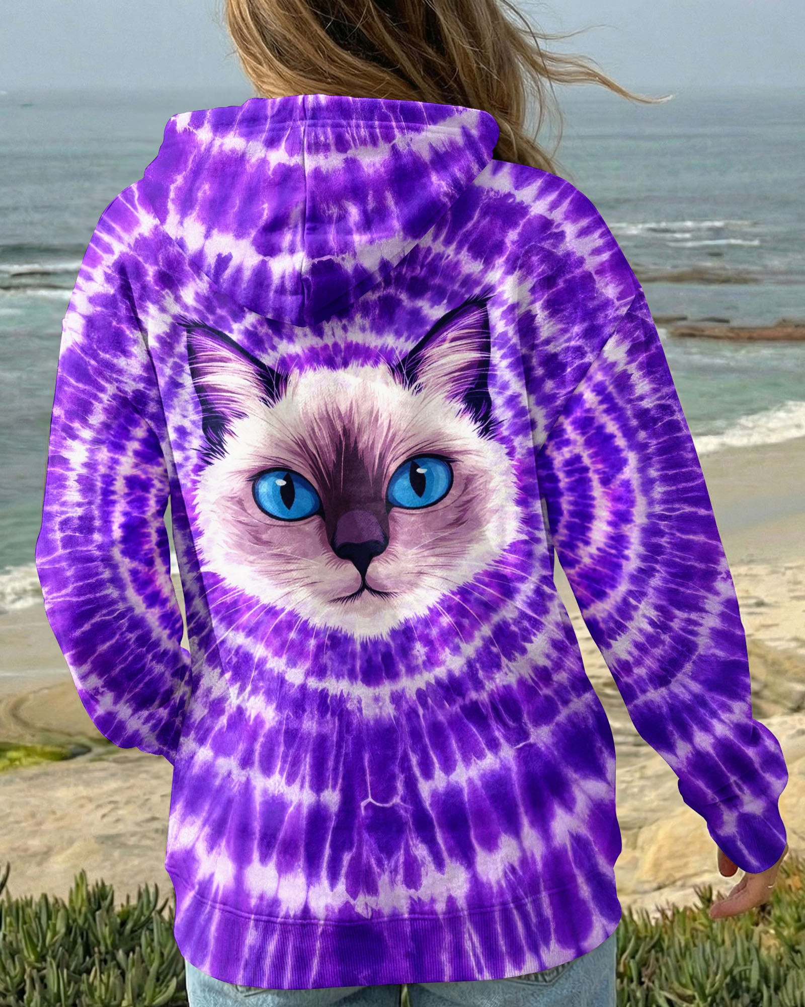 Cat Face Purple Swirl Tie Dye Zip Hoodie Unique Colors Apparel Gifts For Best Friends - Image 2