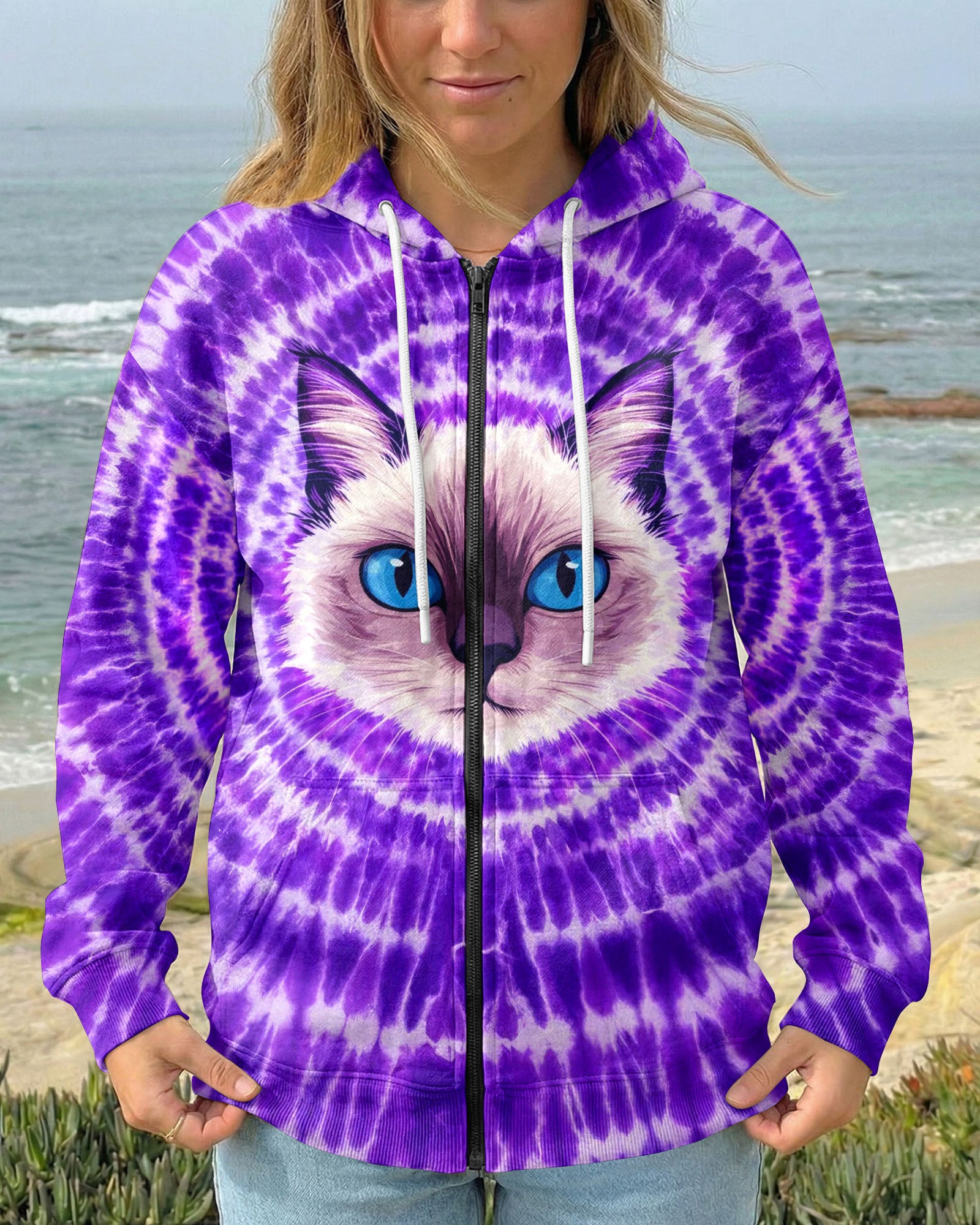Cat Face Purple Swirl Tie Dye Zip Hoodie Unique Colors Apparel Gifts For Best Friends