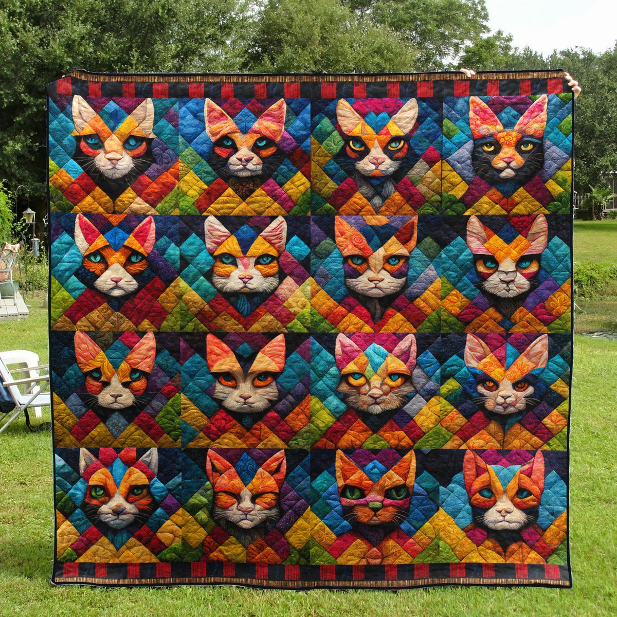 Cat Face Vibrant Art Quilted Blanket Colorful Geometric Throw Blanket Gifts For Cat Lovers