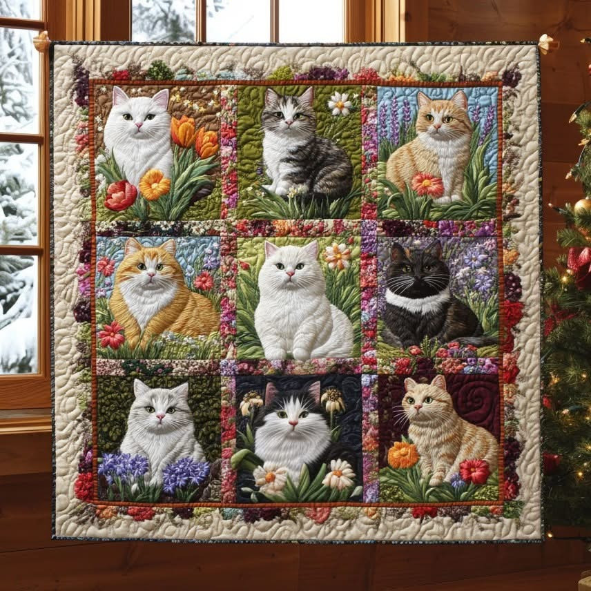 Cat Flower Quilted Blanket Christmas Beauty Present Items For Cat Owners