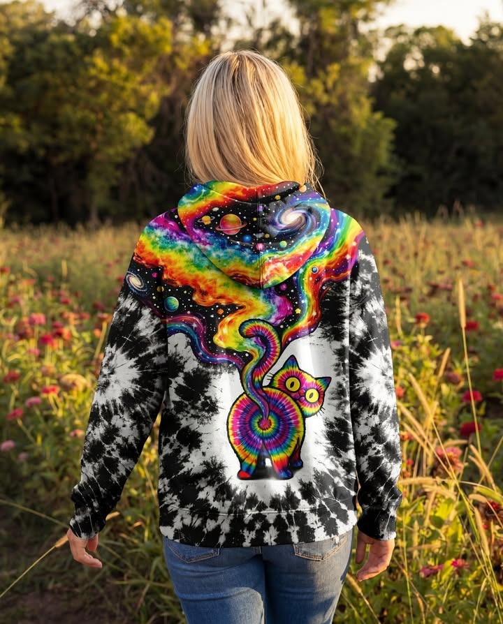 Cat Galaxy Tie Dye Hoodie Cute Animal Apparel Groovy Clothing Cat Lovers Gifts For Her - Image 2