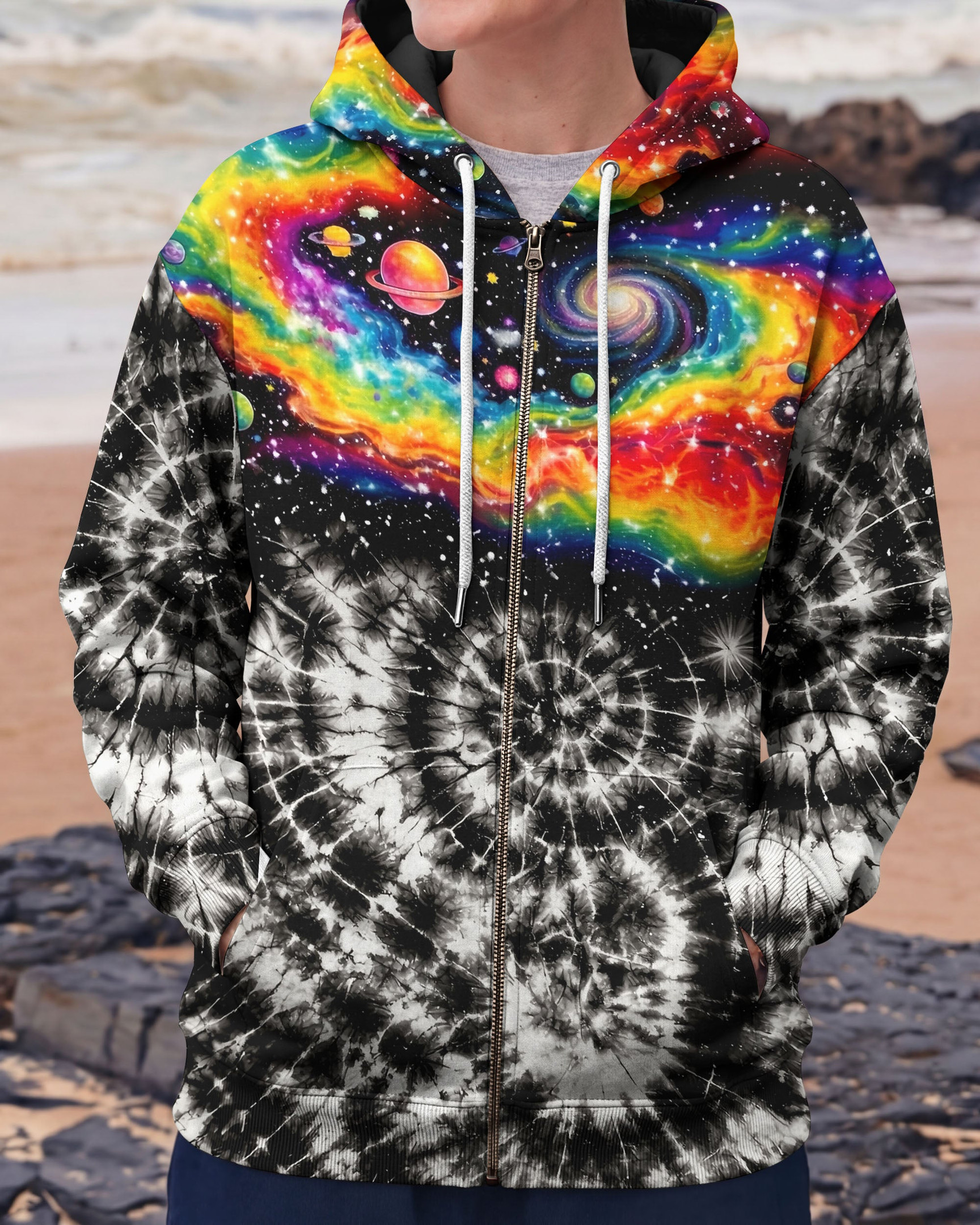 Cat Galaxy Tie Dye Zip Hoodie Vibrant Colors Clothes Unique Gifts For Best Friends