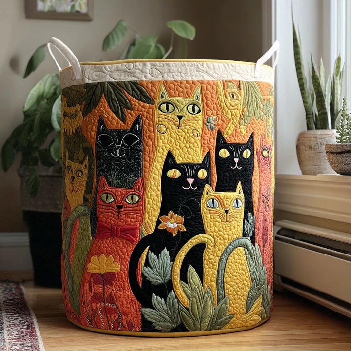 Cat Meadow Boho Quilted Laundry Basket Floral Cat Home Storage Cute Gift For Cat Mom