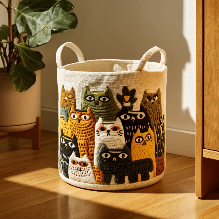 Cat Meadow Garden Quilted Laundry Basket Colorful Boho Cat Home Decor Gift For Cat Lovers