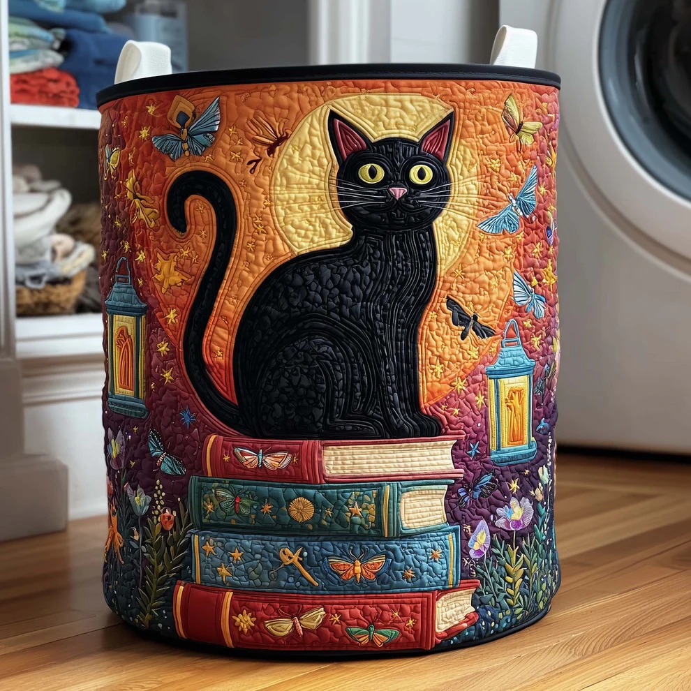 Cat Moon Lantern Books Quilted Laundry Basket Witch Aesthetic Home Decor Best Gift For Cat Lovers