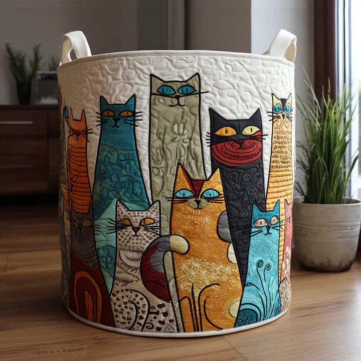 Cat Mosaic Quilted Laundry Basket Colorful Boho Patchwork Cat Home Decor Gift For Cat Lovers