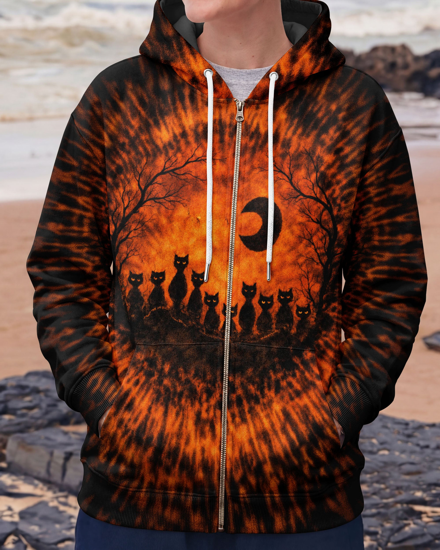 Cat Orange & Black Swirl Tie Dye Zip Hoodie Clothing Gift For Mom