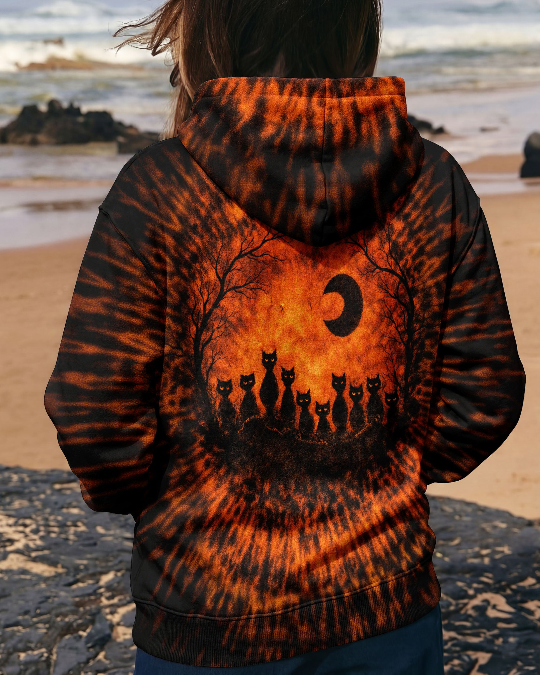 Cat Orange & Black Swirl Tie Dye Zip Hoodie Clothing Gift For Mom - Image 2