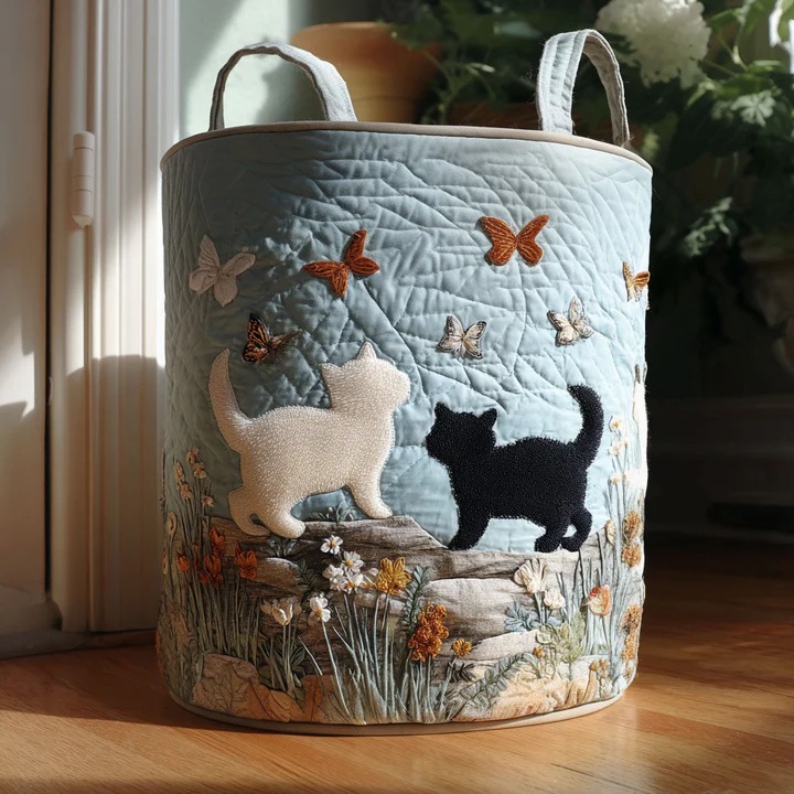 Cat Pals Quilted Laundry Basket Boho Cute Cat Friends Home Storage Best Gift For Cat Lovers