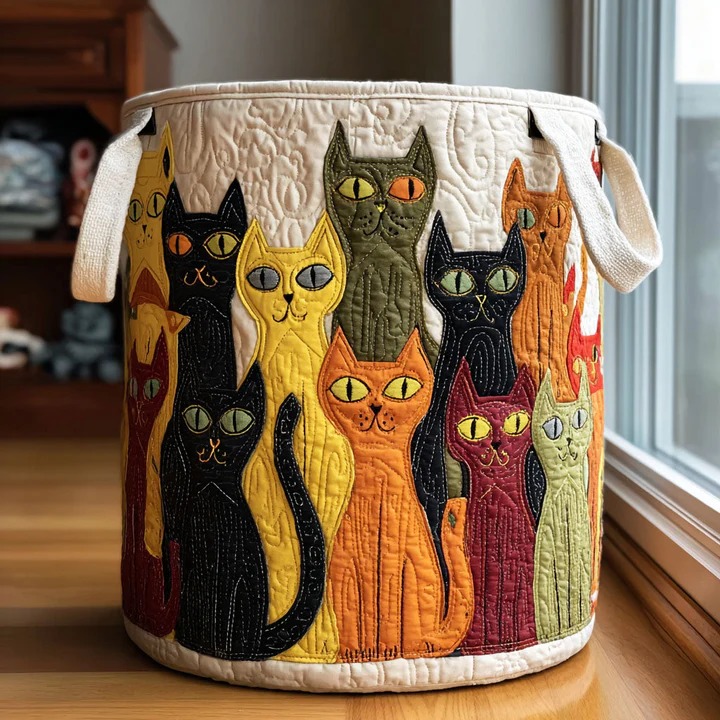 Cat Parade Quilted Laundry Basket Boho Colorful Cat Home Decor Cute Gift For Cat Lovers