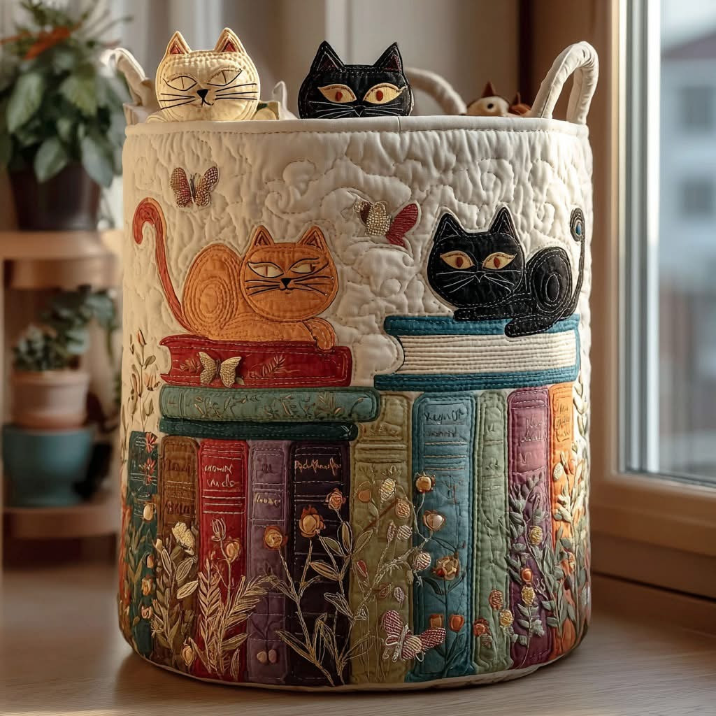 Cat Parade Quilted Laundry Basket Laundry Hamper Gifts For Cat Book Lovers