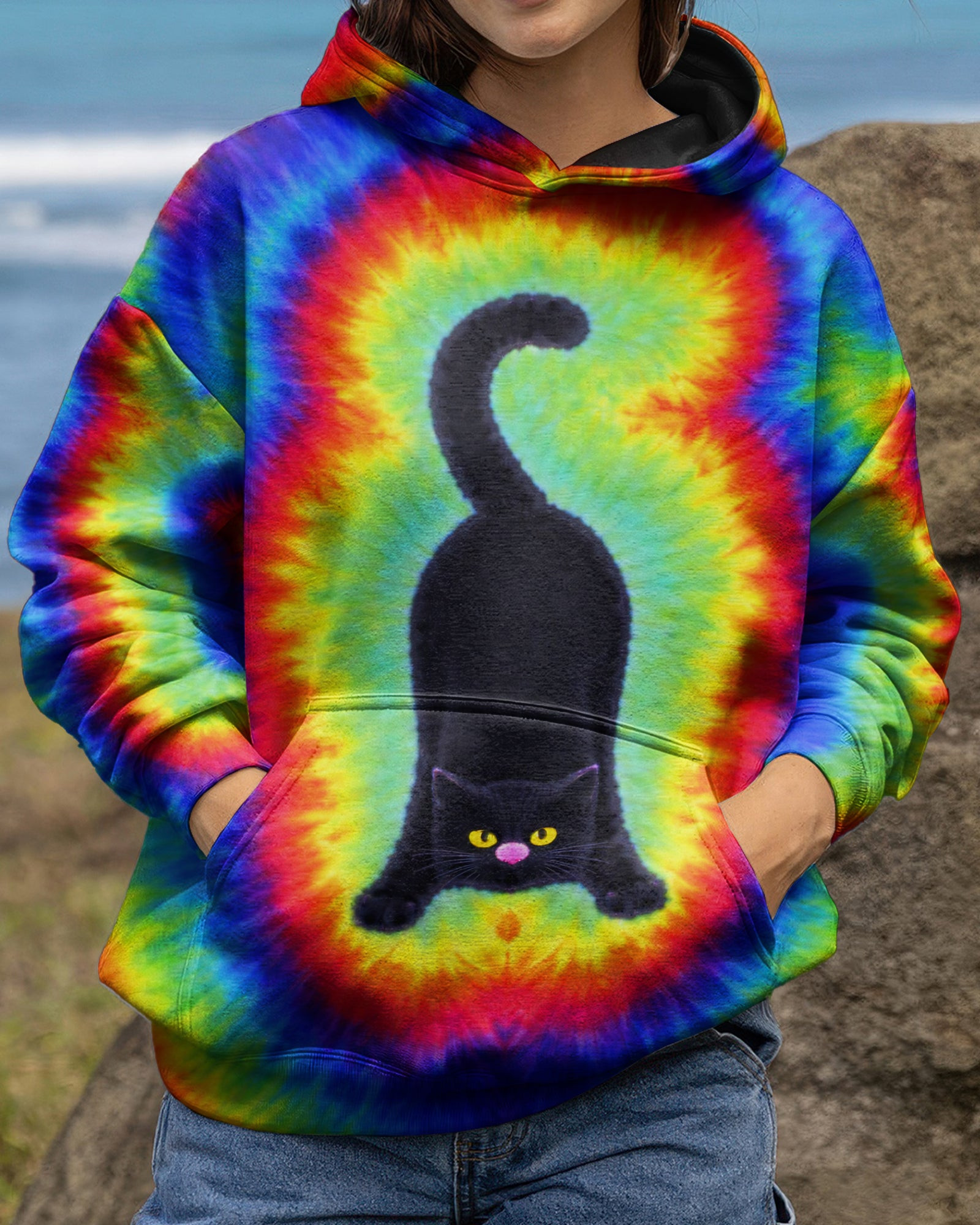 Cat Playful Swirl Tie Dye Hoodie Vibrant Colors Clothes Unique Gifts For Cat Lovers