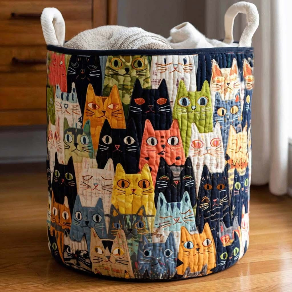 Cat Purr Squad Quilted Laundry Basket Cute Animal Hamper Basket Gift Ideas For Cat People