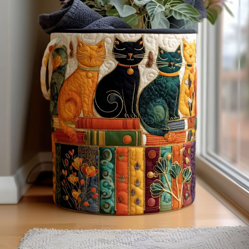 Cat Purring Meadow Quilted Laundry Basket Colorful Clothes Basket Gifts For Cat Lovers