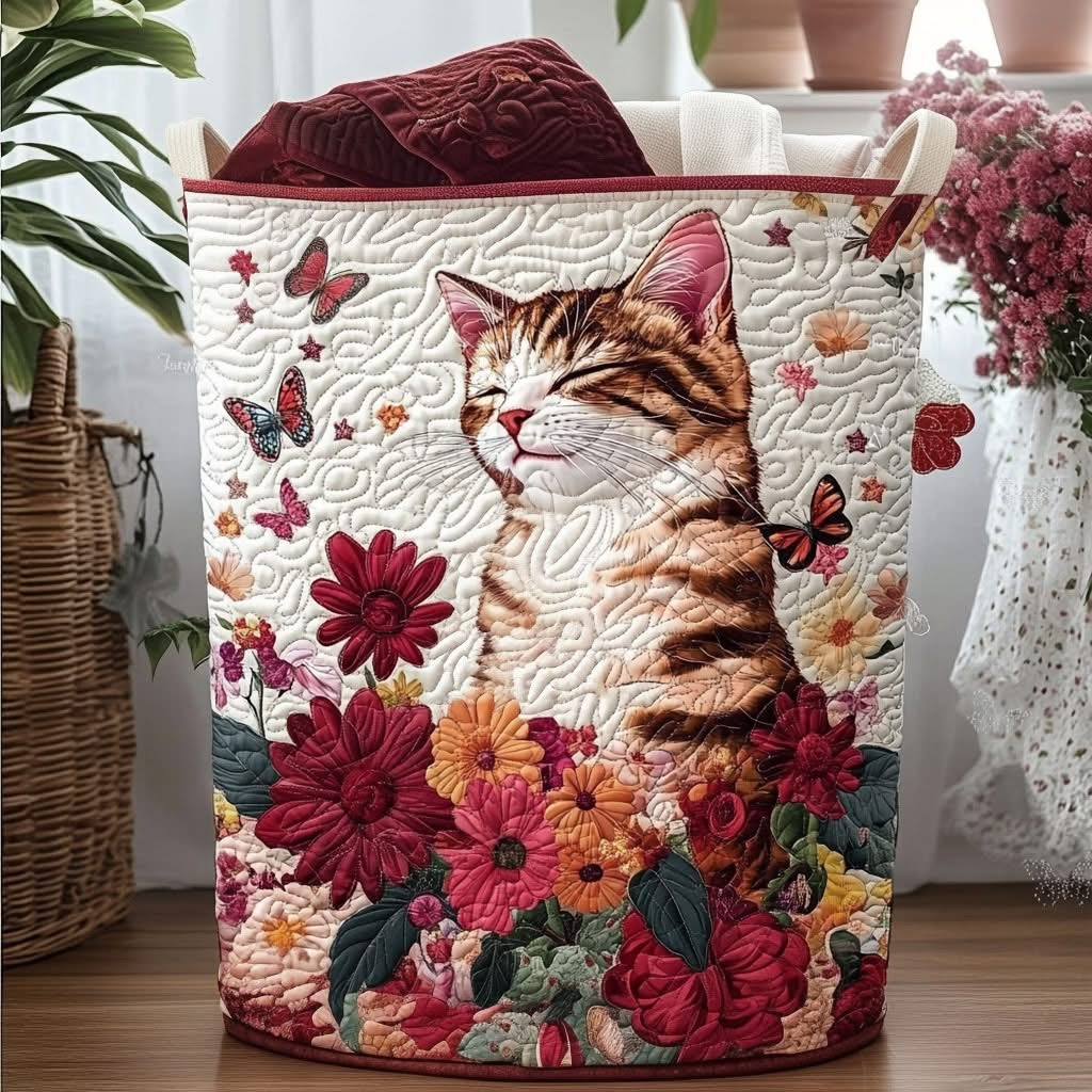 Cat Quiet Joy Among Flowers Quilted Laundry Basket Cute Laundry Baskets Gifts For Cat Lovers