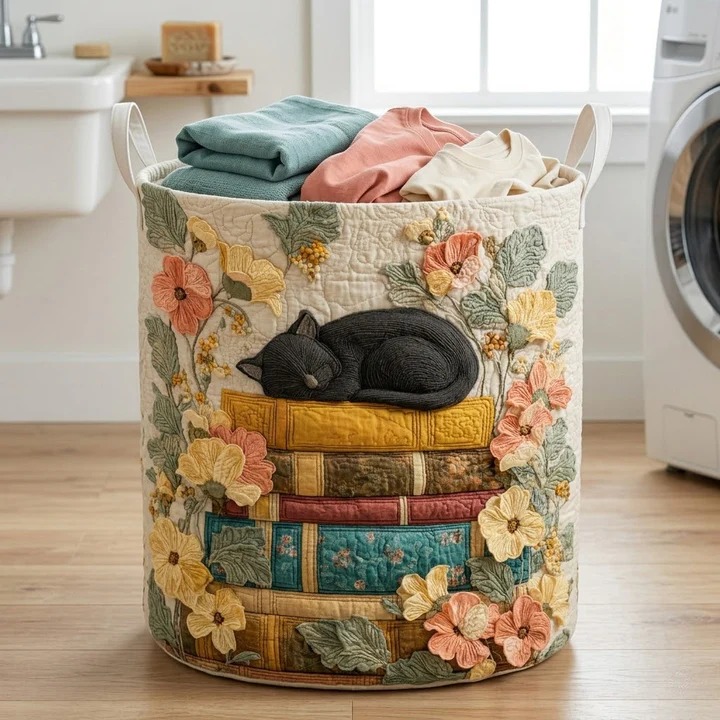 Cat Sleeping Books Floral Quilted Laundry Basket Cozy Home Decor Best Gift For Cat And Book Lovers