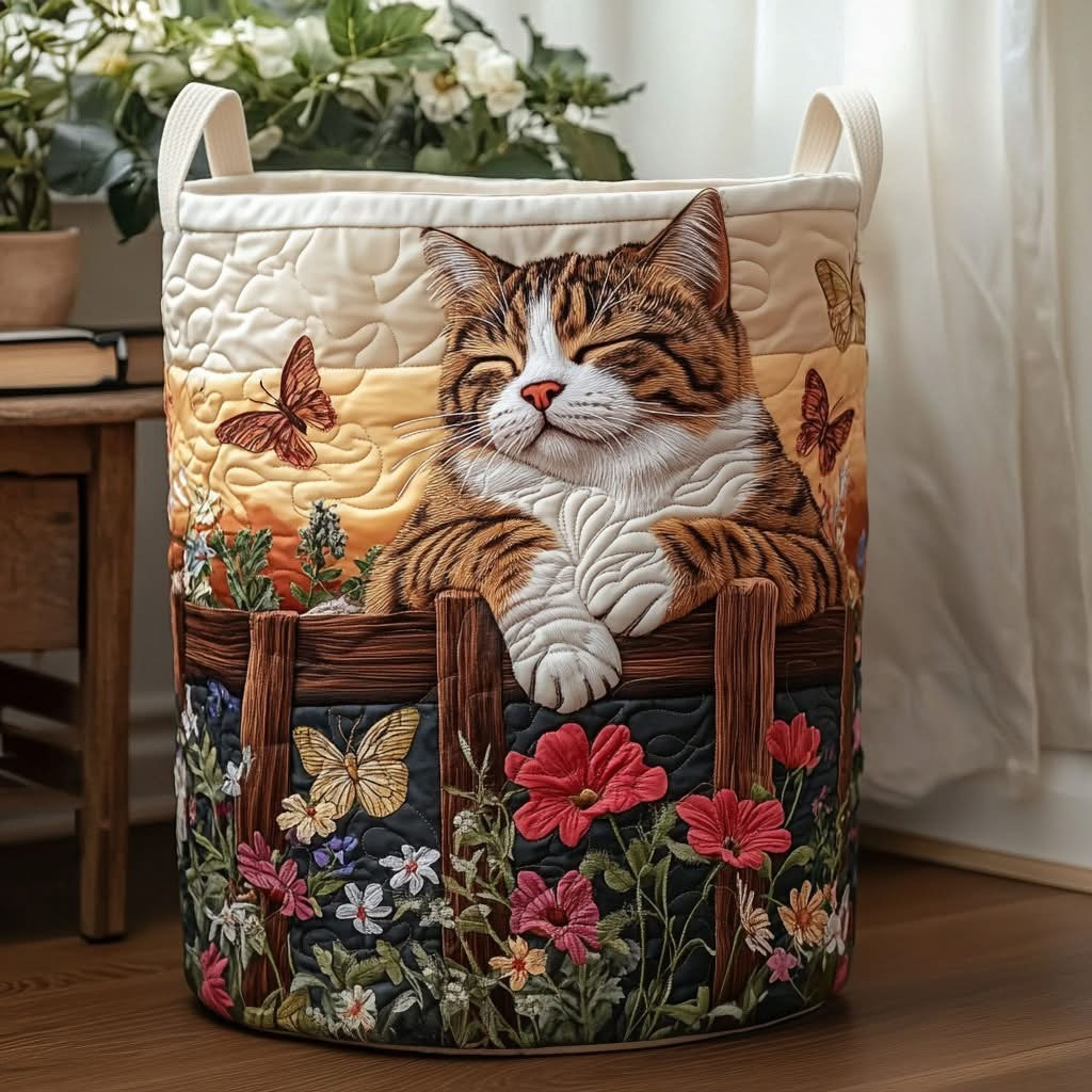 Cat Sunlit Meadow Muse Quilted Laundry Basket Laundry Hamper Present Ideas For Cat Lovers