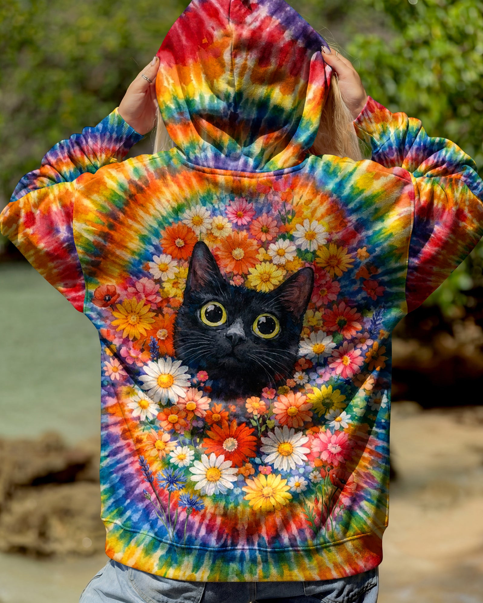 Cat With Floral Swirl Tie Dye Hoodie Vibrant Colors Clothing Gift For Mom - Image 2