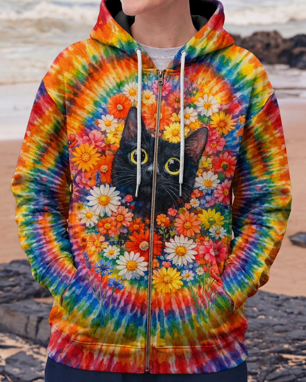 Cat With Floral Swirl Tie Dye Zip Hoodie Vibrant Colors Apparel Gift For Sisters