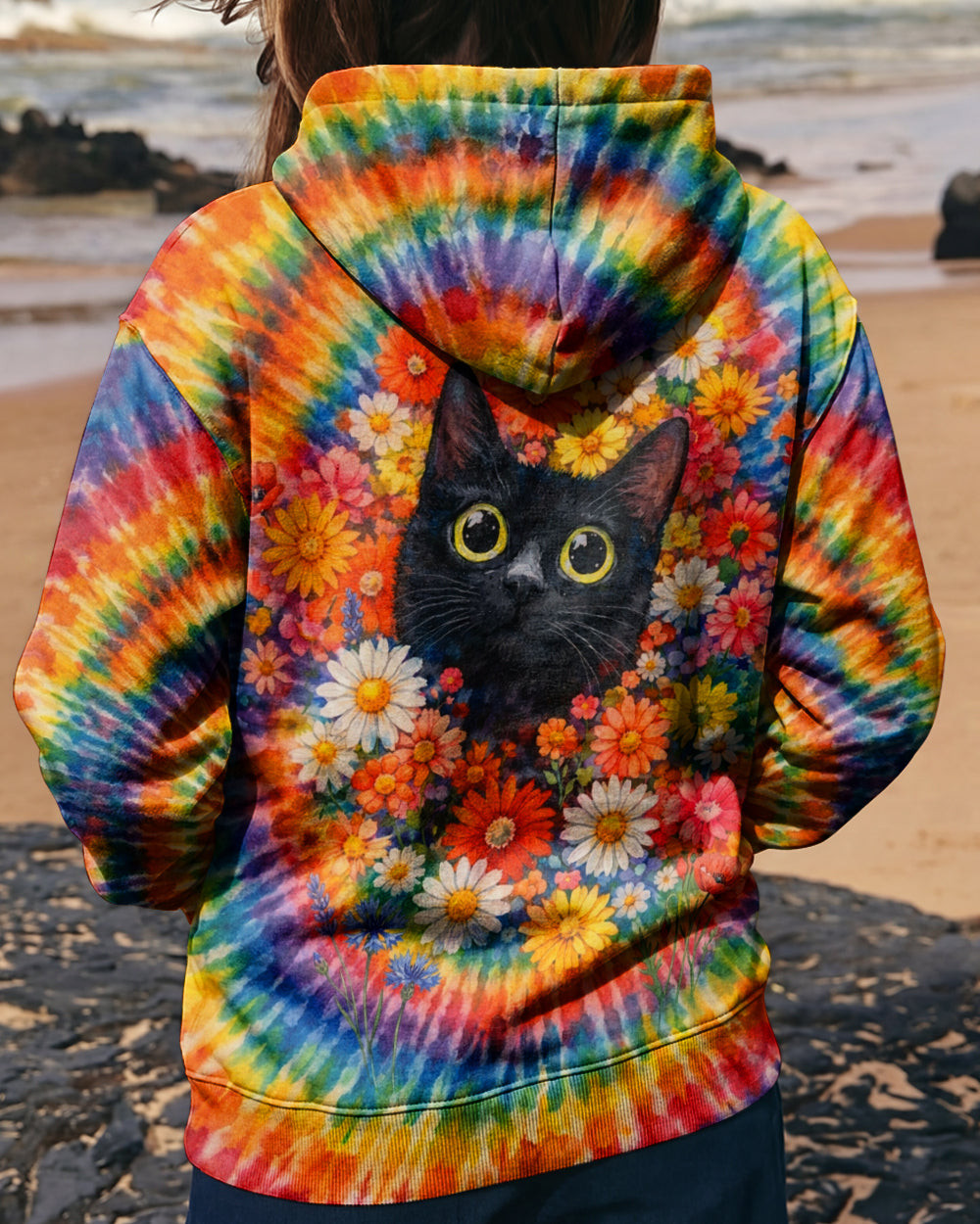 Cat With Floral Swirl Tie Dye Zip Hoodie Vibrant Colors Apparel Gift For Sisters - Image 2