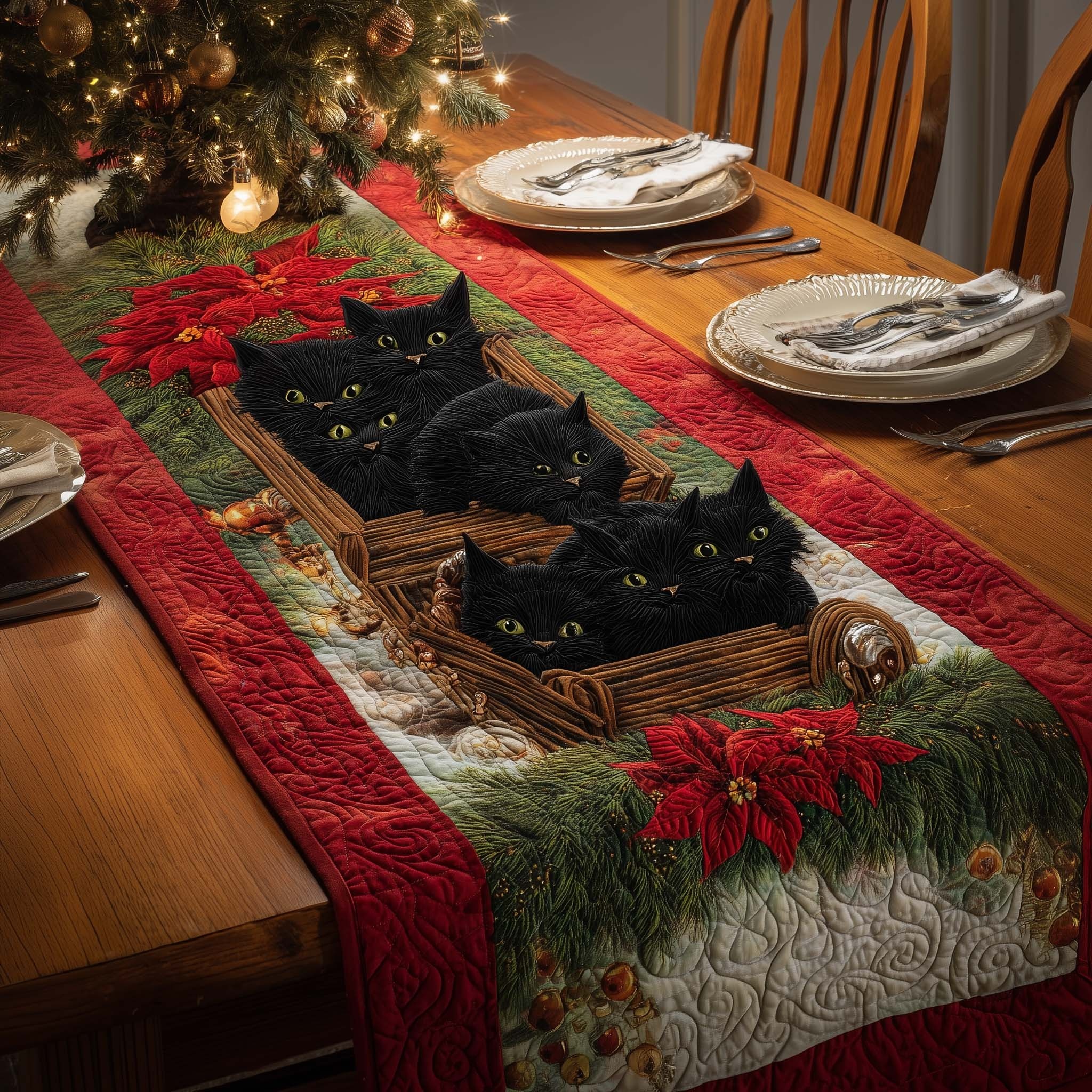 Cats Basket Quilted Table Runner Rustic Kitchen Dining Decor Gift For Cozy Family Home