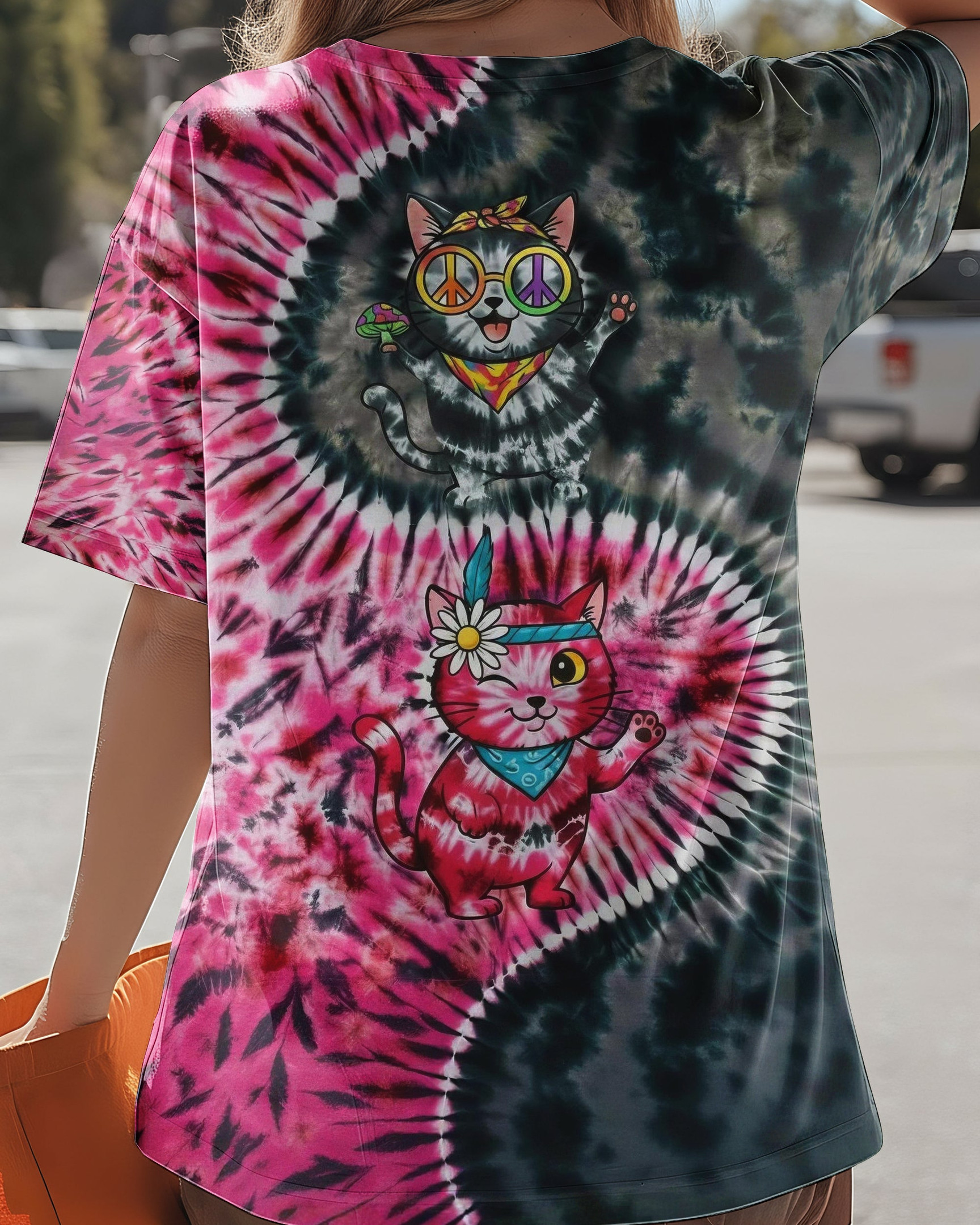 Cats Black Pink Prismatic Tie Dye V-neck T-Shirt Apparel Unique Gifts For Cat Lovers. - Image 2