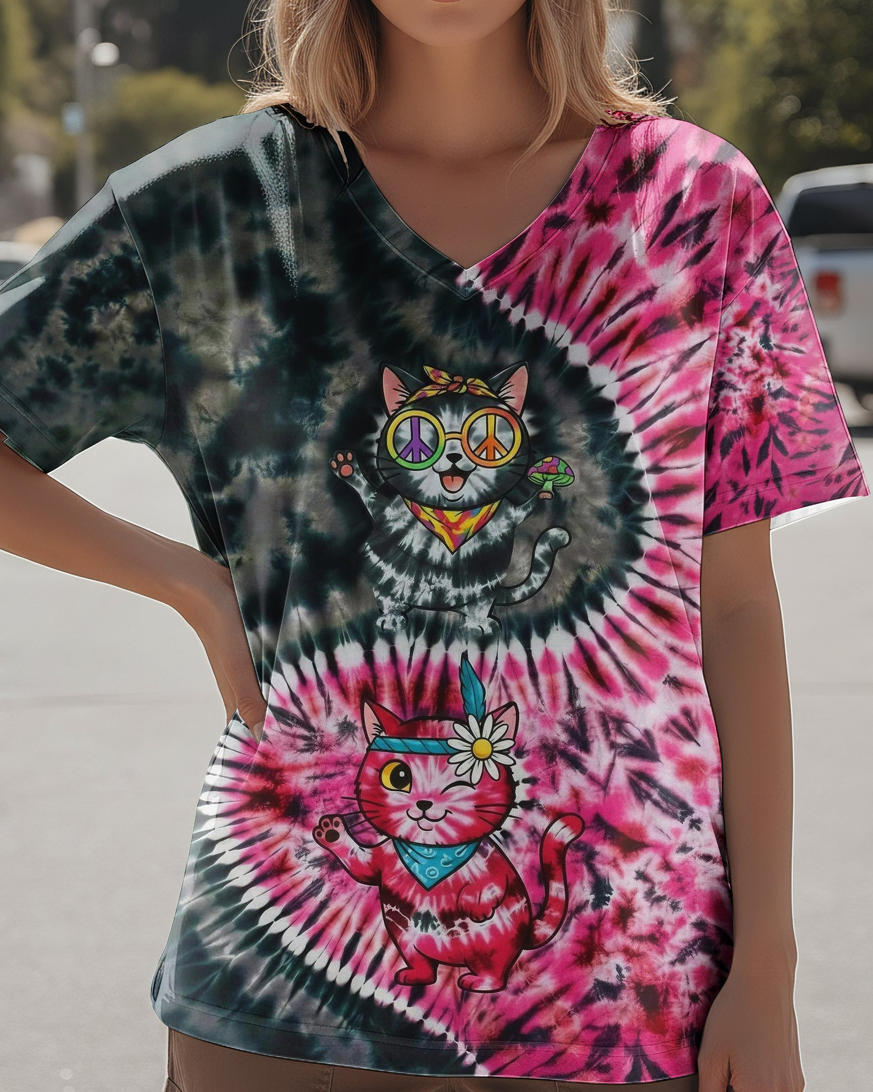 Cats Black Pink Prismatic Tie Dye V-neck T-Shirt Apparel Unique Gifts For Cat Lovers.