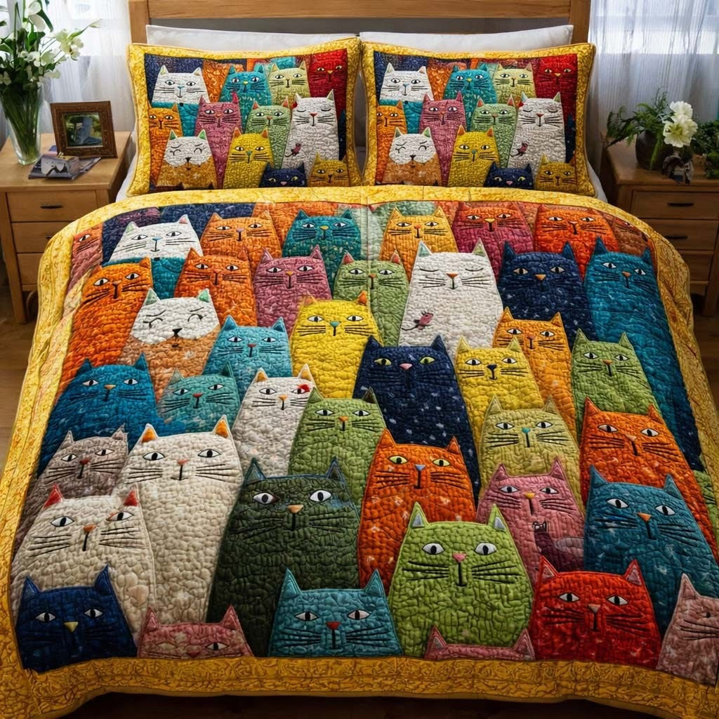 Cats Happy Quilted Bedding Set Colorful Whimsical Bedroom Decor Gifts For Cat Lovers