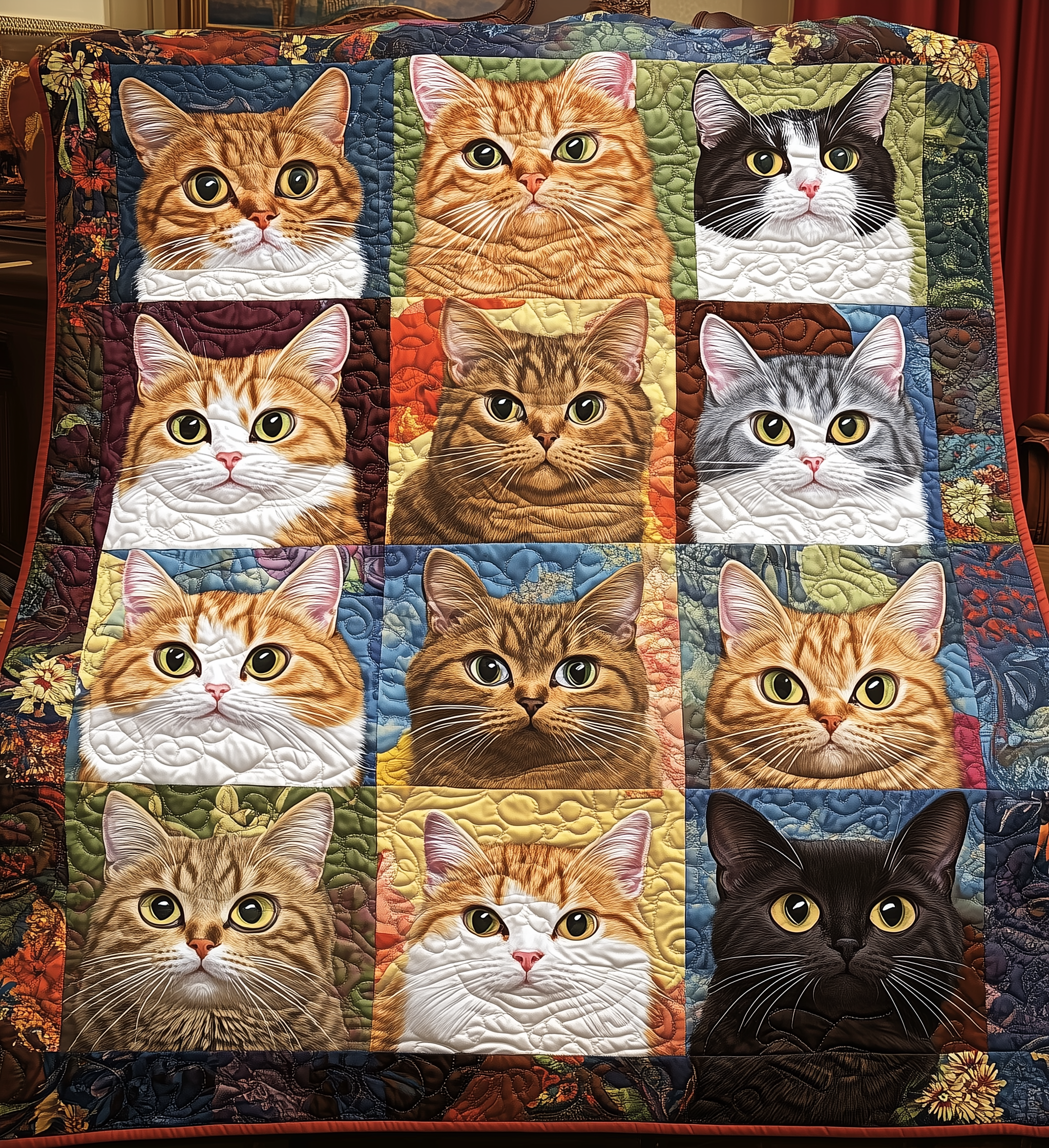 Cats in Bloom Quilted Blanket Bedroom Room Decor Gift Ideas For Cat Owners