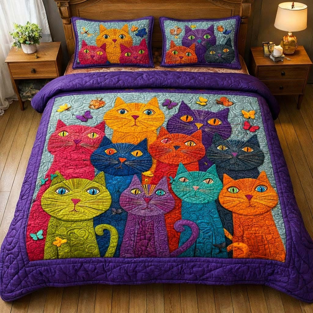 Cats Whimsical Quilted Bedding Set Colorful Bed Decoration Best Gifts For Cat Lovers
