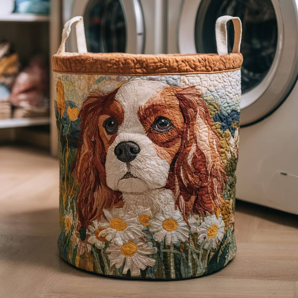 Cavalier Meadow Muse Quilted Laundry Basket Cute Animal Hamper Basket Gifts For Dog Lovers