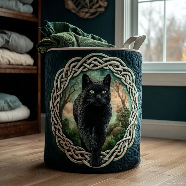 Celtic Black Cat Quilted Laundry Basket Knot Art Cat Storage Bin Best Gift For Cat Lovers