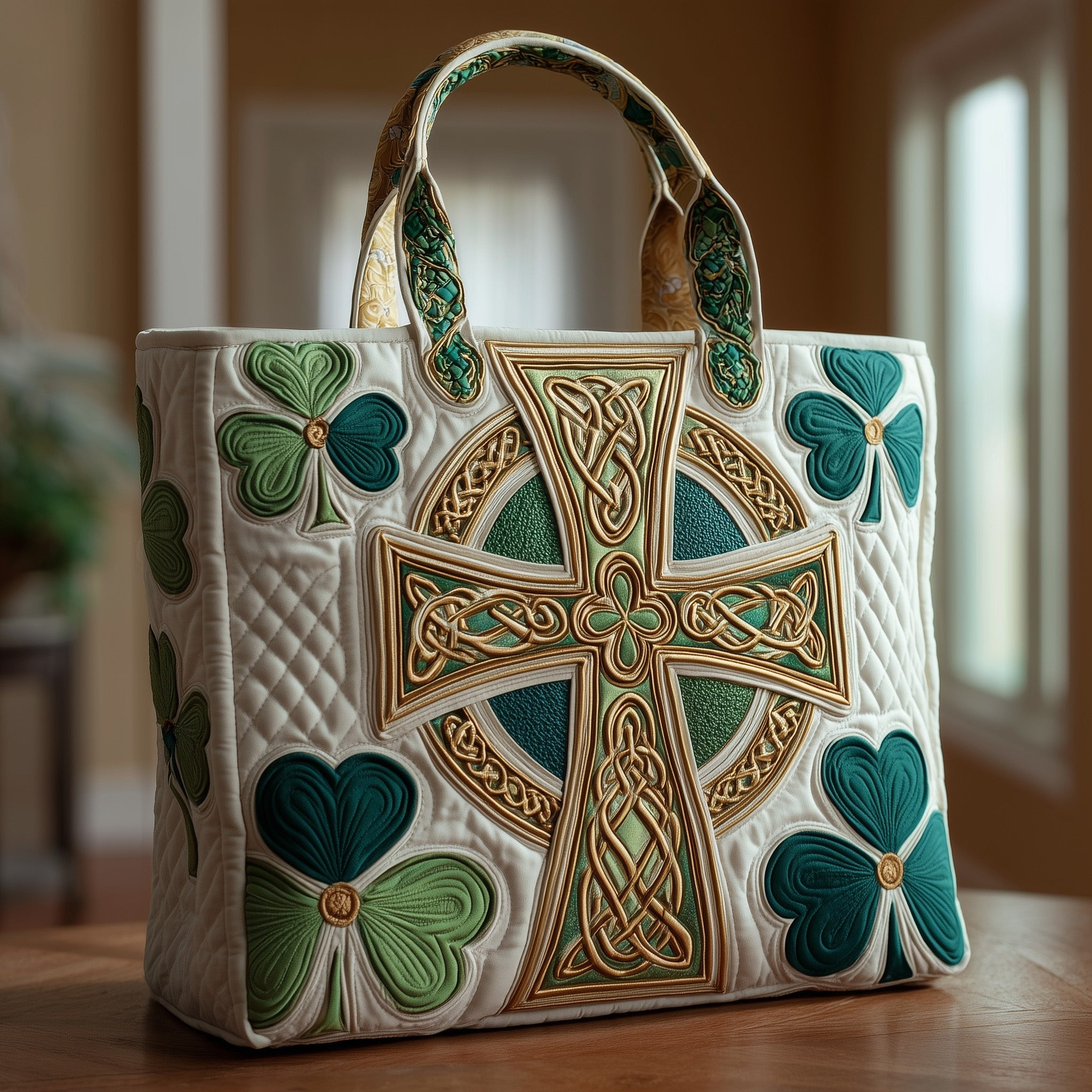 Celtic Cross Quilted Tote Bag Irish Shoulder Bags For Women St Patrick's Day Gifts