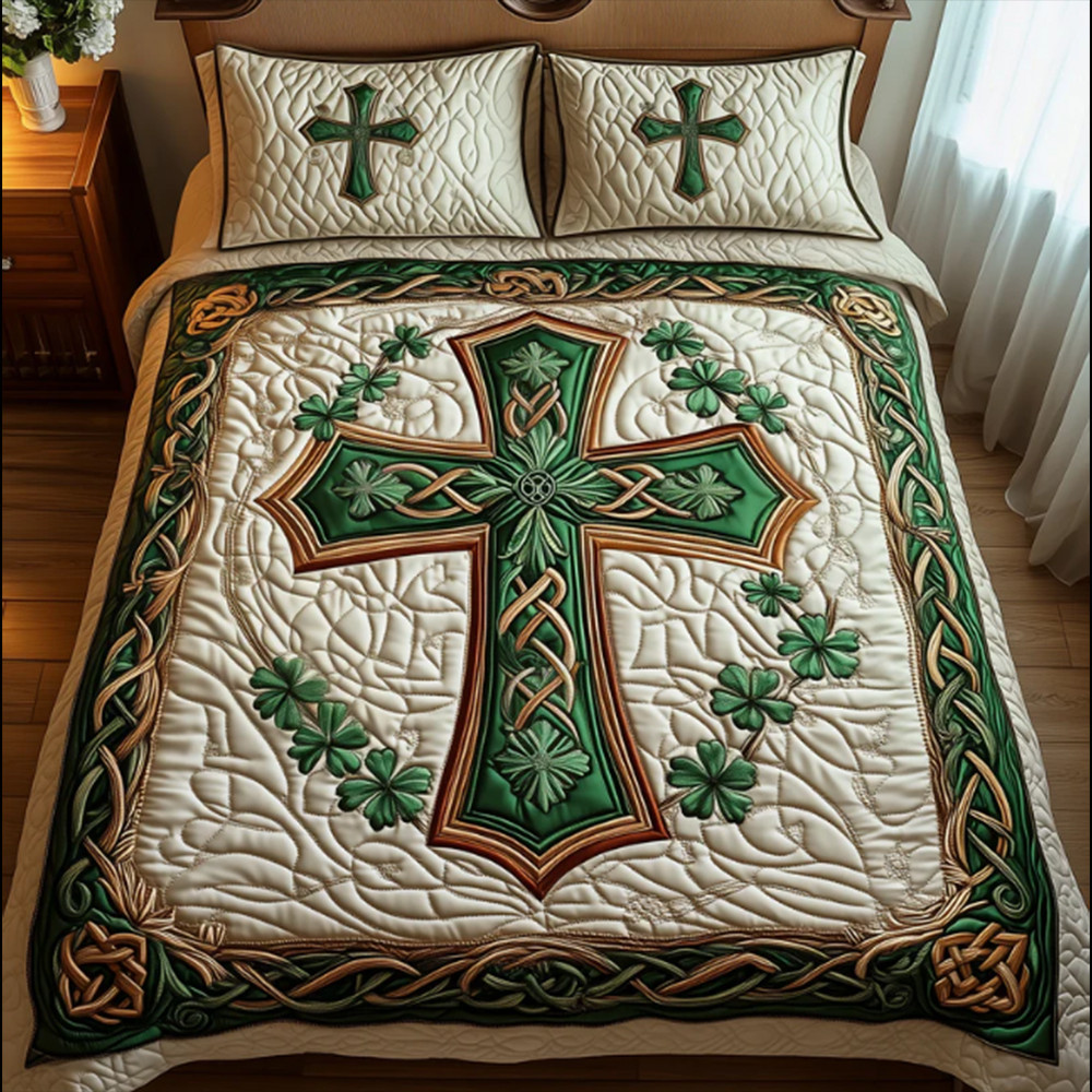 Celtic Cross Shamrock St Patrick's Day Quilt Bedding Set Idea Gift For Irish