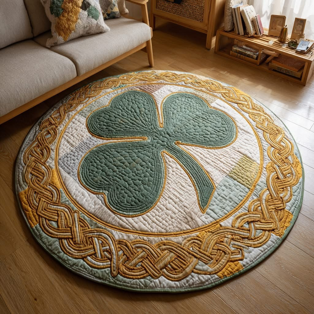Celtic Knot Halo Quilted Round Mat Shamrock Circle Rug St Patrick's Day Decor Gifts For Irish