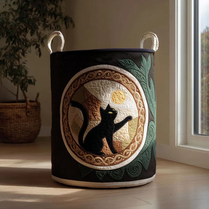 Celtic Moon Cat Quilted Laundry Basket Black Cat Knot Art Bin Best Gift For Cat Moms
