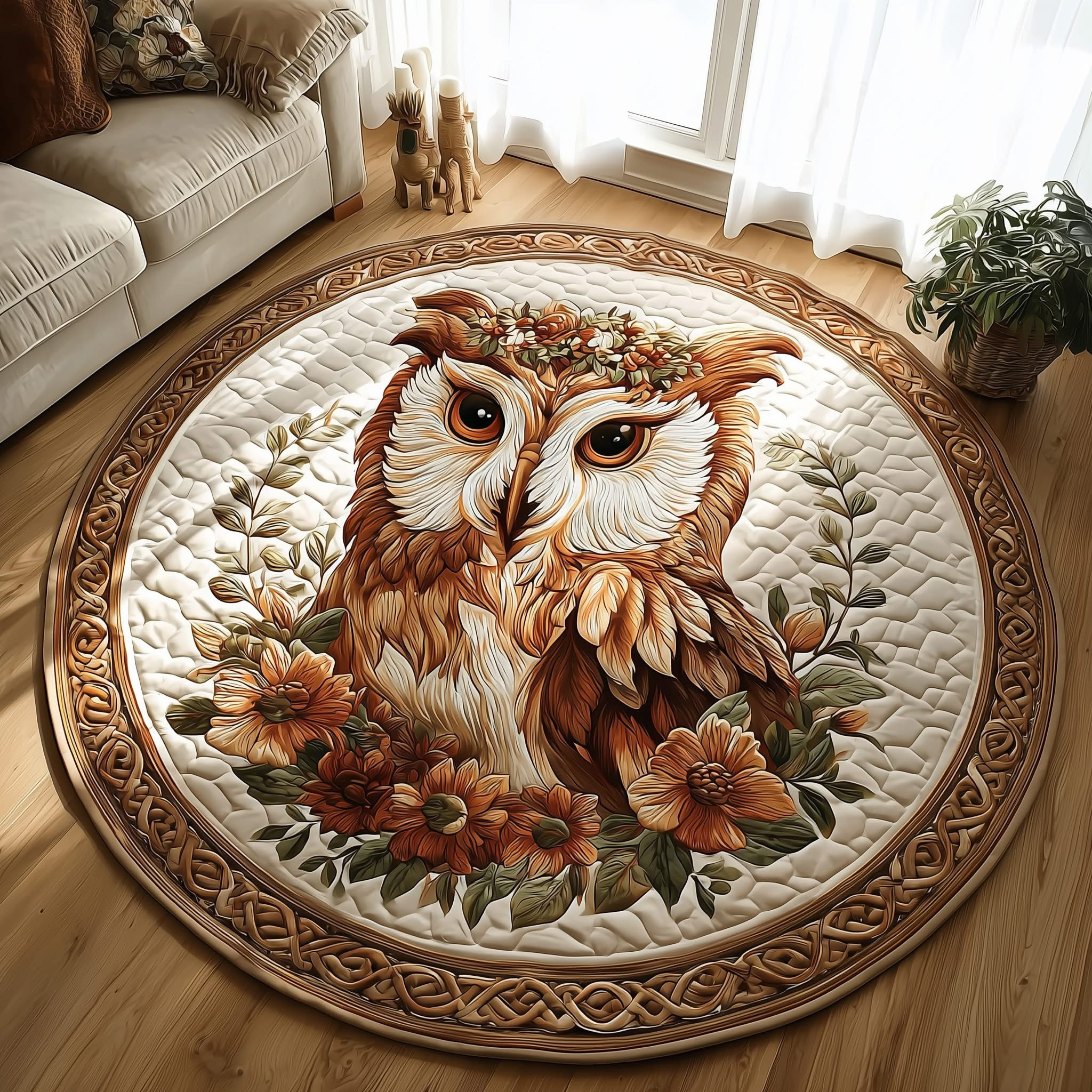 Celtic Owl Quilted Round Mat Floral Bedroom Decor Mat Christmas Gift For Animal Lovers