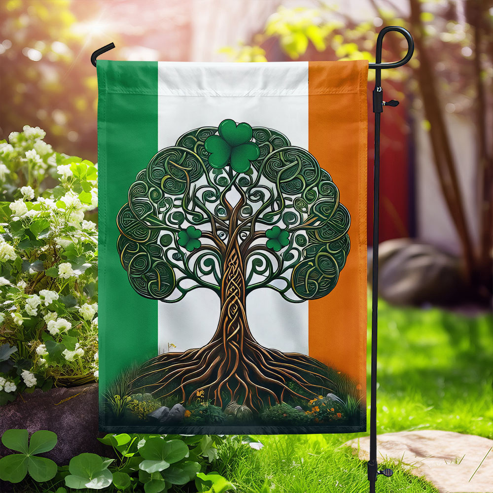 Celtic Tree of Life Irish St. Patrick's Day Flag Shamrock Flags Hanging In Front Of The House