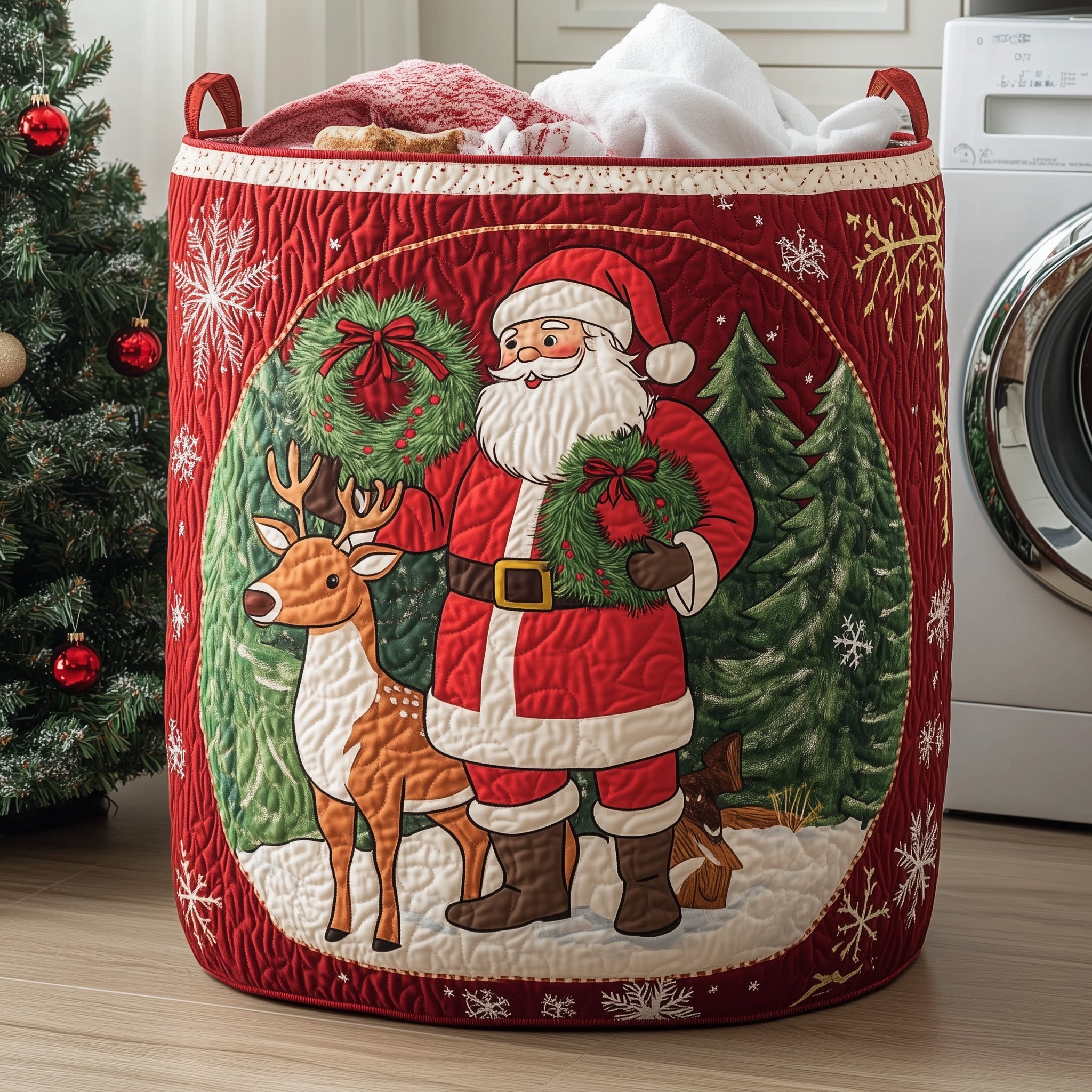 Cheerful Santa Quilted Laundry Basket Funny Santa Present For Xmas Fans