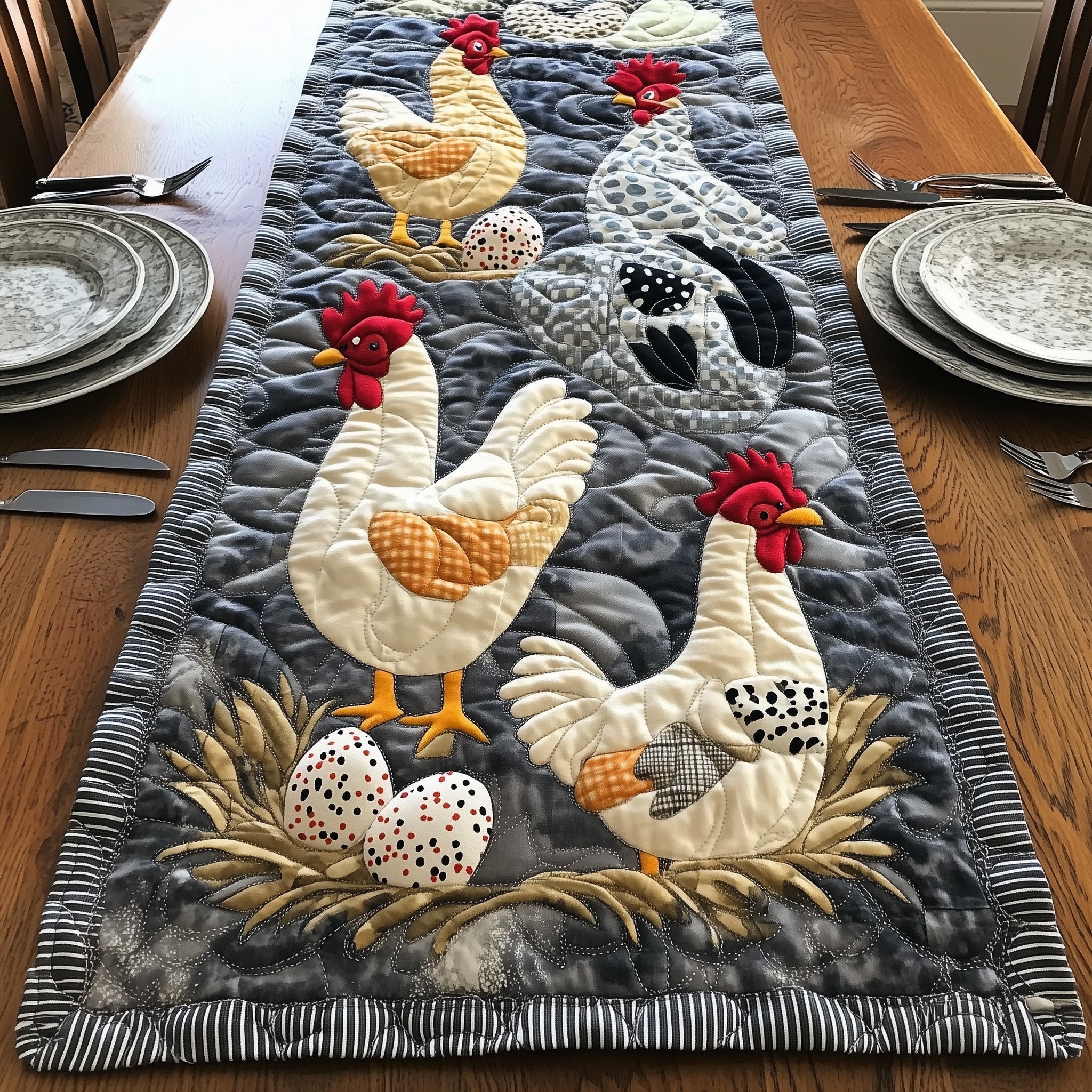 Chicken Crew Quilted Table Runner Rustic Kitchen Dining Decor Gift For Cozy Family Home
