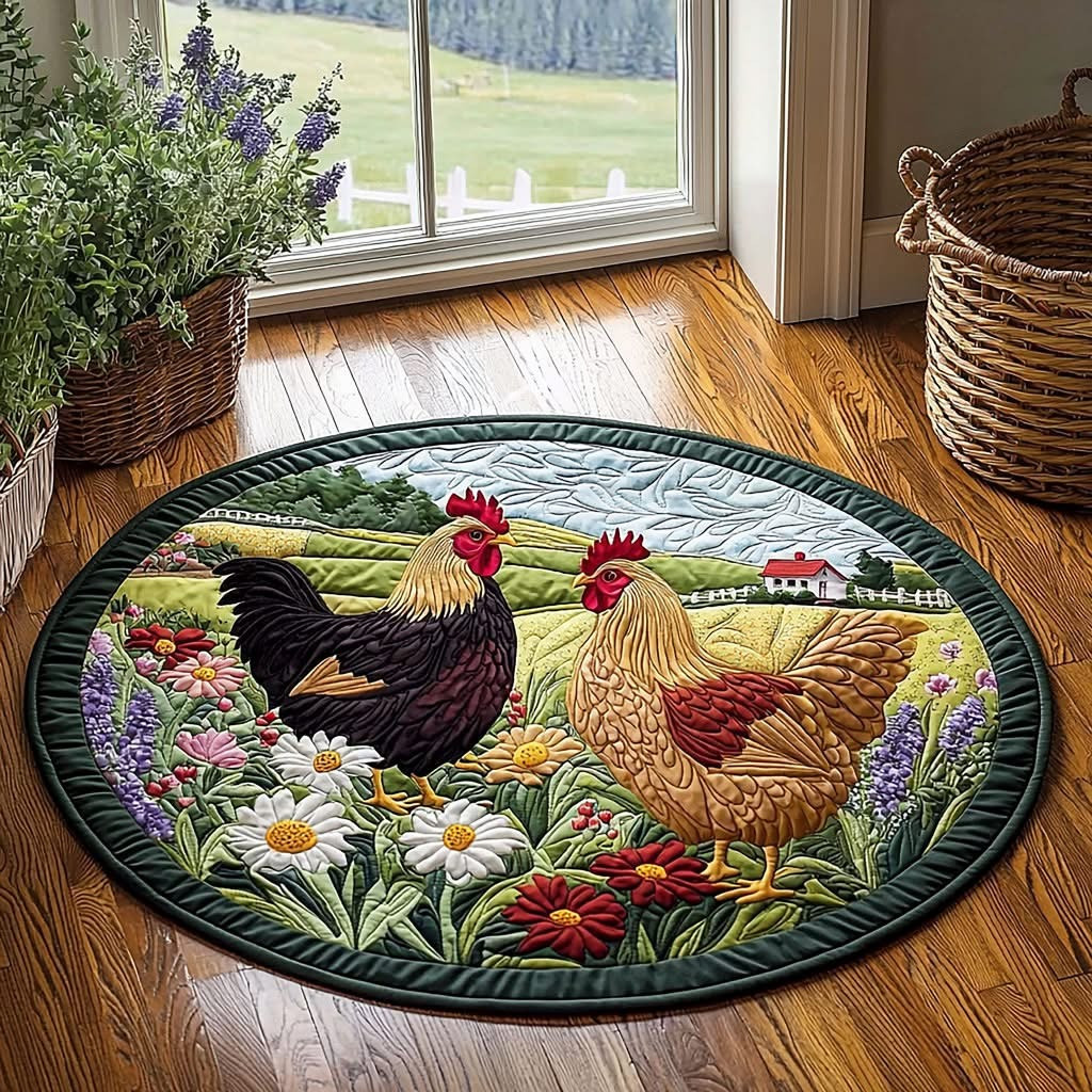Chicken On The Field Quilted Round Mat Farmhouse Home Decor Christmas Gifts For Chicken Lovers