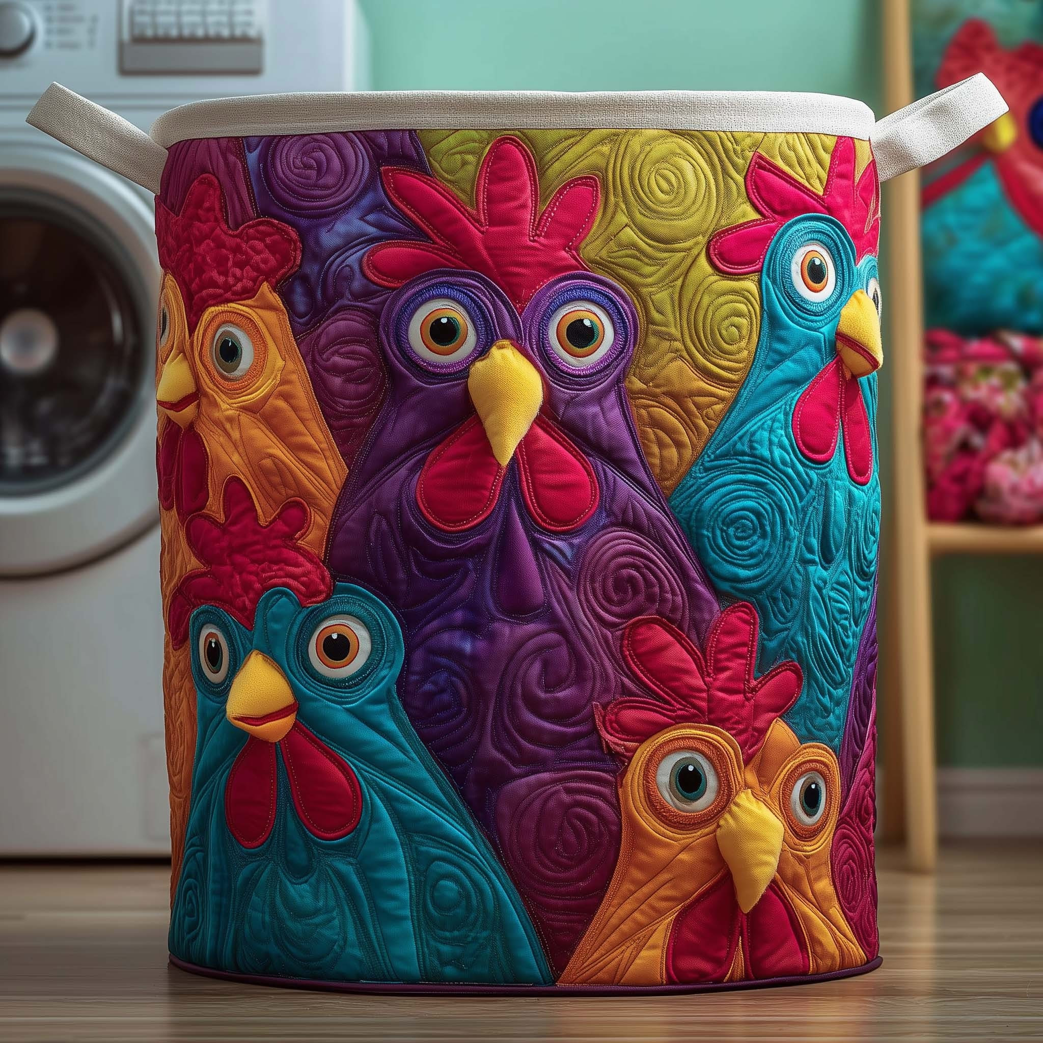 Chickens Patchwork Quilted Laundry Basket Whimsical Storage Basket Gifts For Chicken Lovers