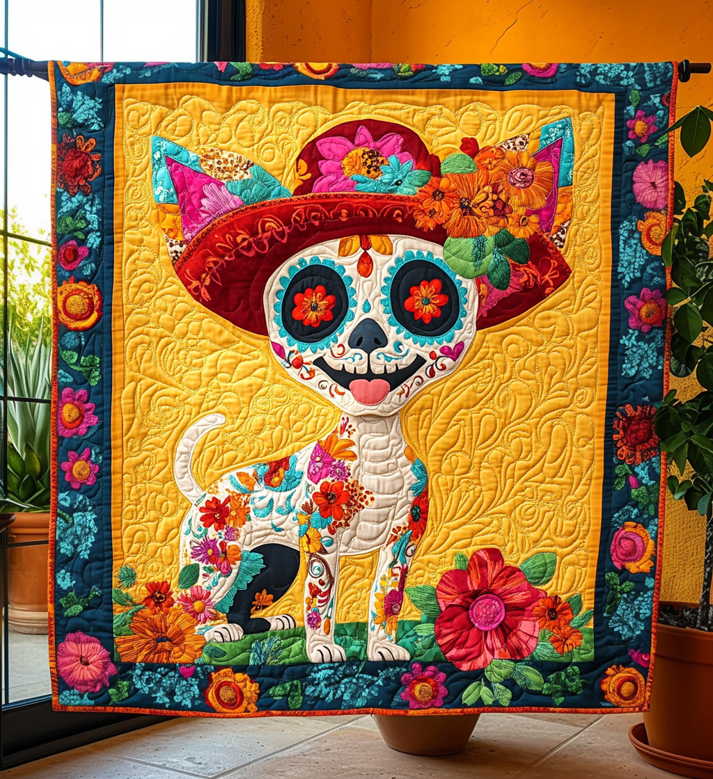 Chihuahua Dia De Los Muertos Quilted Blanket Best King Sheet Set Unique Chihuahua Gifts