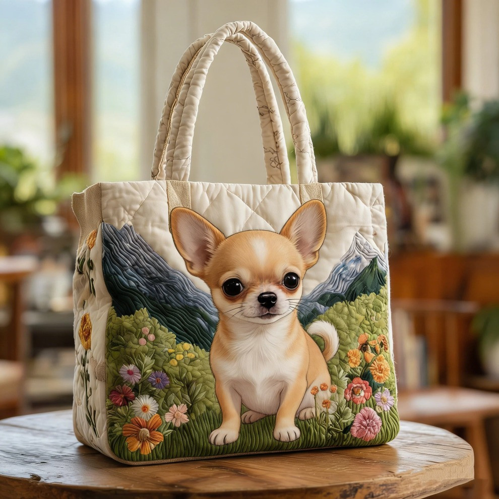Chihuahua Quilted Tote Bag Cute Dog Floral Totes Best Gifts For Chihuahua Owners Lovers