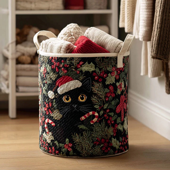 Christmas Black Cat Quilted Laundry Basket Holiday Home Storage Funny Gift For Cat Lovers