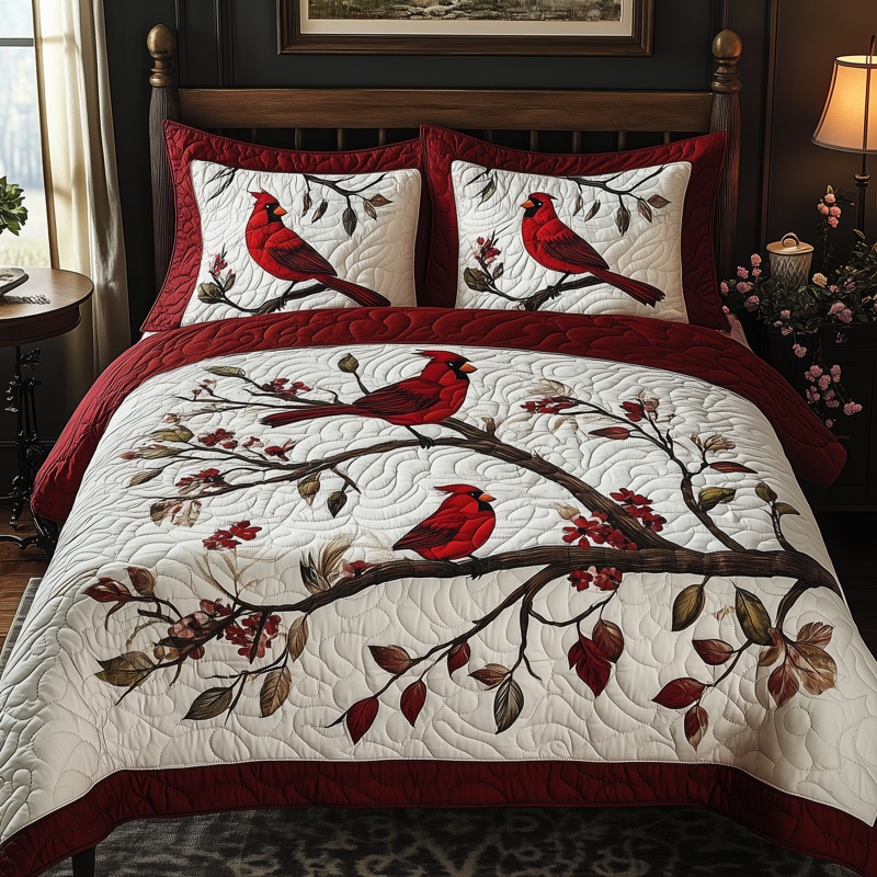 Christmas Cardinal Quilted Bedding Set Holiday Bird Bedroom Decor Festive Gift Ideas