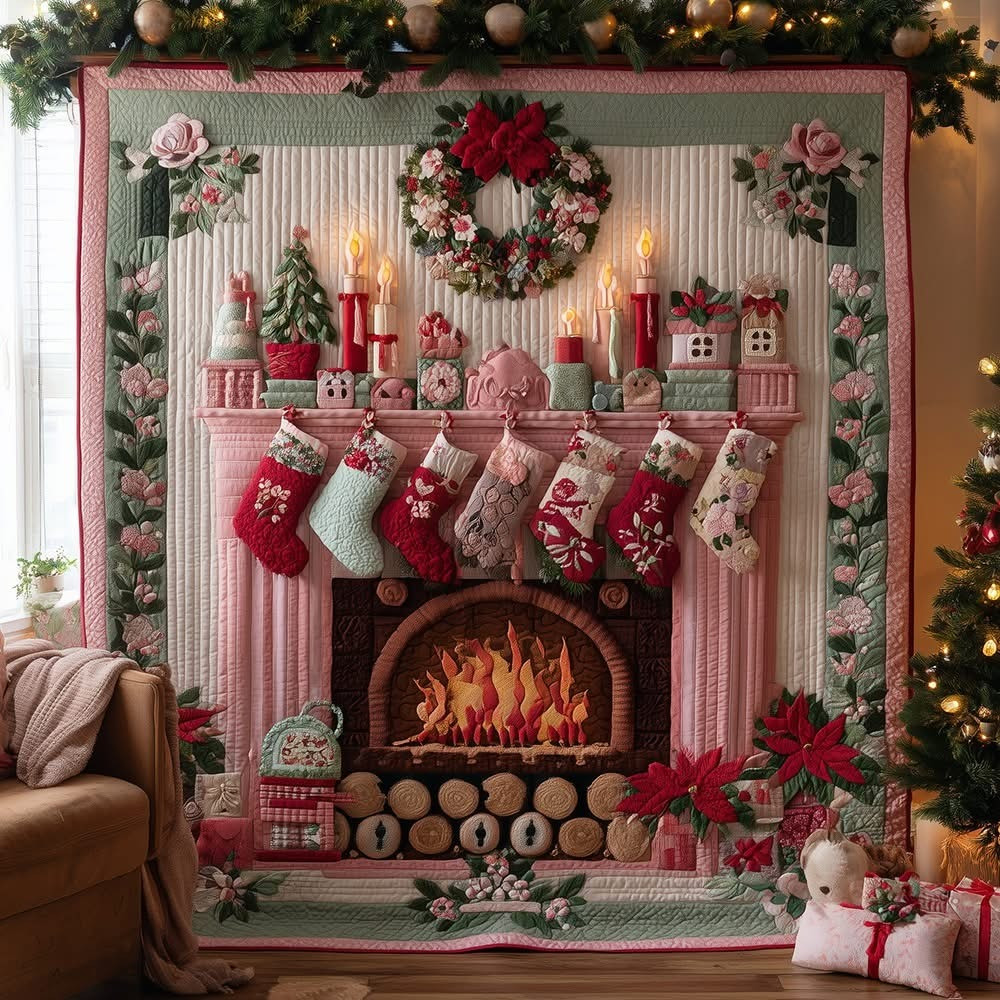 Christmas Fireplace Quilted Blanket Cozy Xmas Ideas Gifts For Your Friend Family